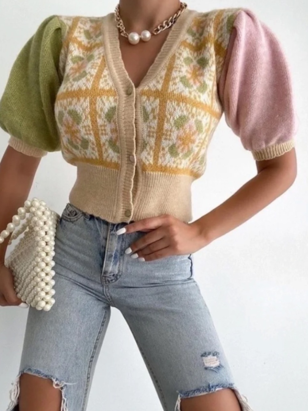 ZARA KNIT JACQUARD CARDIGAN SHORT PUFF SLEEVES PINK YELLOW